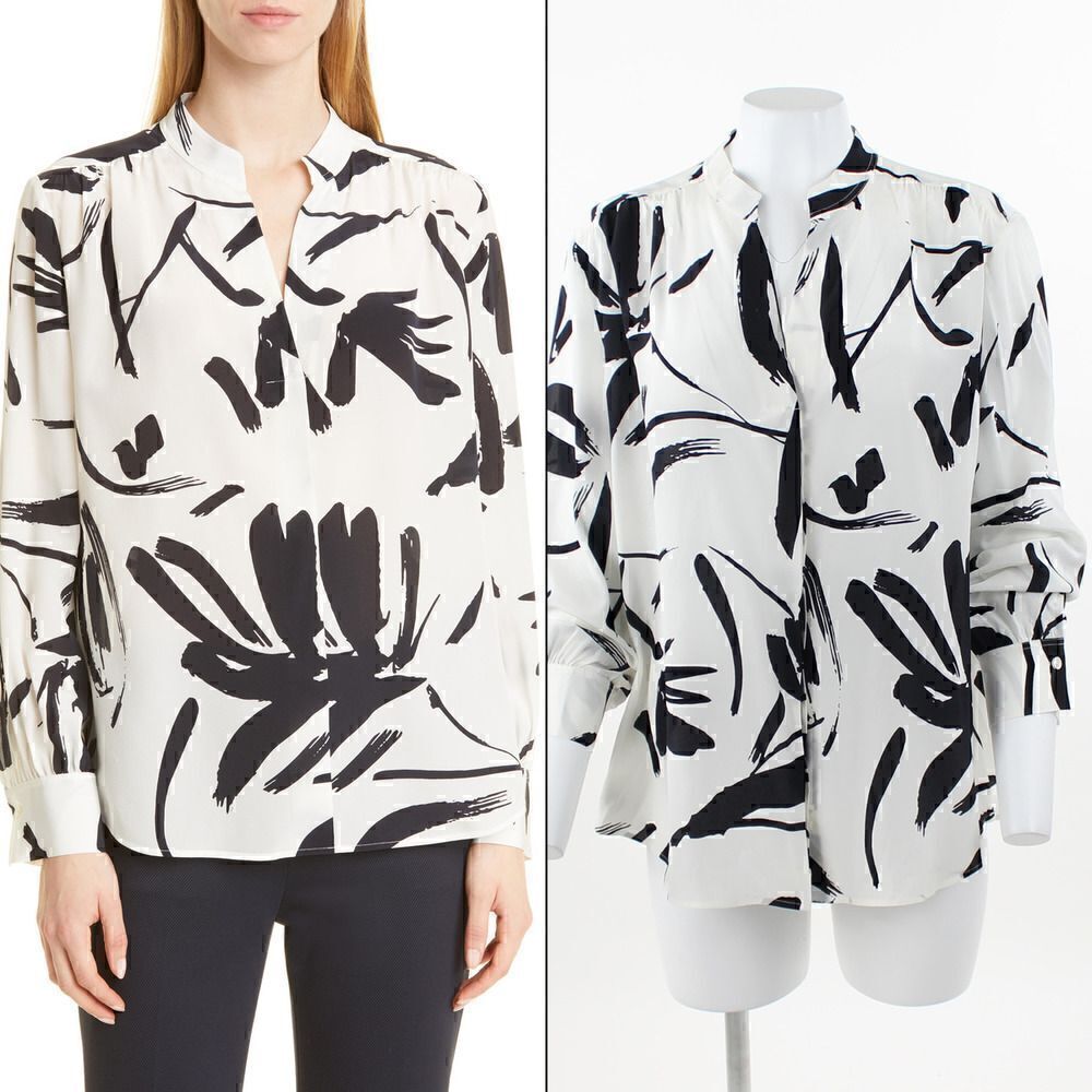 HUGO BOSS Banora Abstract Floral Silk Blouse in Vanilla Light Fantasy